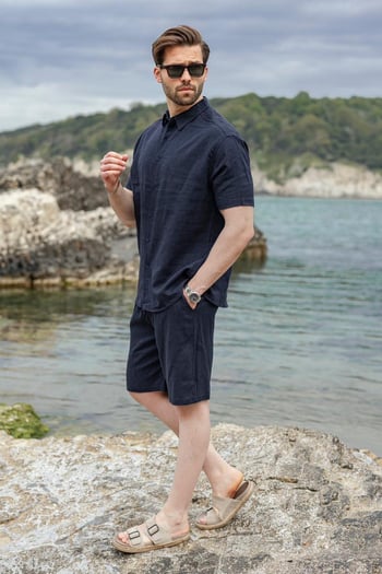 Lacivert Keten Görünümlü Relax Fit Erkek Gömlek Şort Takım E7364