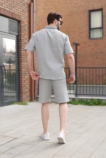 Boyalı Gri Basic Erkek Şort Gömlek Takım E7321