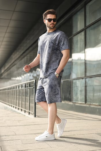 Lacivert Batik Desenli Overfit Şort T-shirt Takım E7357