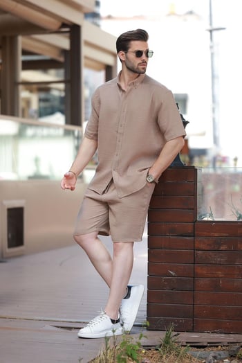 Camel Basic Erkek Şort Gömlek Takım E7321