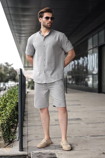 Boyalı Gri Erkek Şort Gömlek Takım E7350