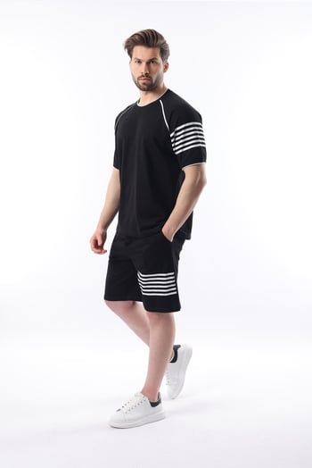 Siyah Baskılı Reglan Kol Erkek Şort T-shirt Takımı E7306