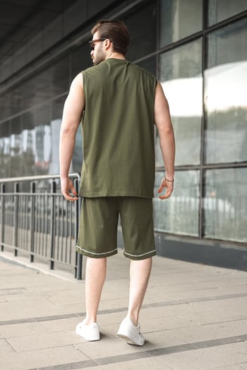 Haki Bisiklet Yaka Kolsuz Erkek Şort T-shirt Takım E7351
