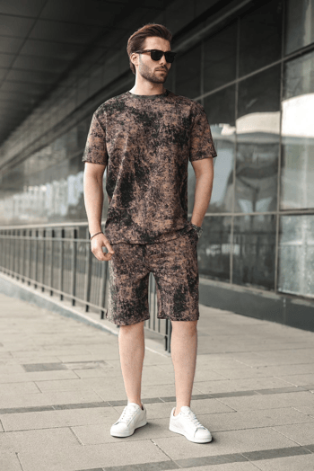Siyah-Kahverengi Batik Desenli Overfit Şort T-shirt Takım E7357