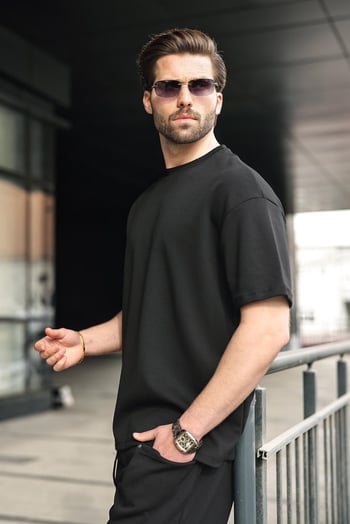 Siyah Bisiklet Yaka Oversize Erkek Şort T-shirt Takım E7355