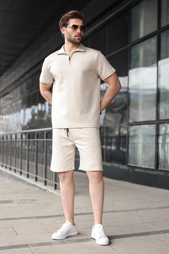 Bej Yarım Fermuarlı Polo Yaka T-shirt Şort Takım E7348