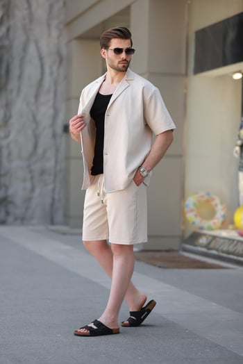 Bej Basic Erkek Şort Gömlek Takım E7311