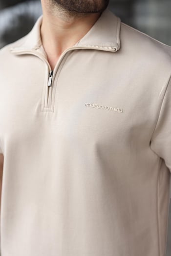 Bej Yarım Fermuarlı Polo Yaka T-shirt Şort Takım E7348