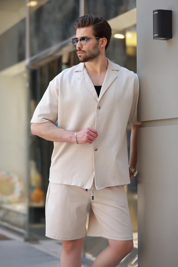 Bej Basic Erkek Şort Gömlek Takım E7311