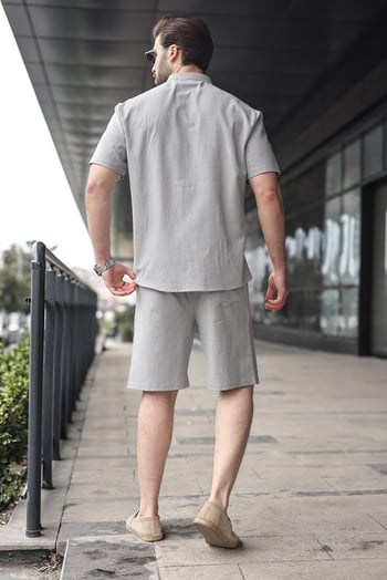 Boyalı Gri Erkek Şort Gömlek Takım E7350