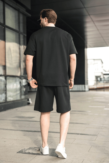 Siyah Bisiklet Yaka Oversize Erkek Şort T-shirt Takım E7355