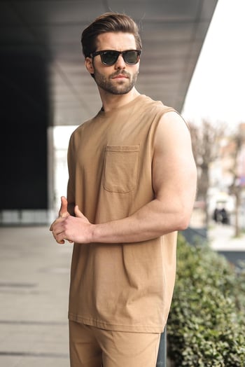 Kapuçino Bisiklet Yaka Kolsuz Erkek Şort T-shirt Takım E7351