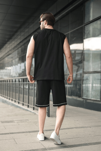 Siyah Bisiklet Yaka Kolsuz Erkek Şort T-shirt Takım E7351