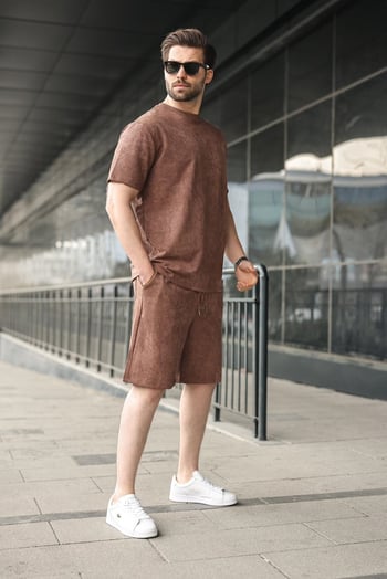 Kahverengi Batik Desenli Overfit Şort T-shirt Takım E7357