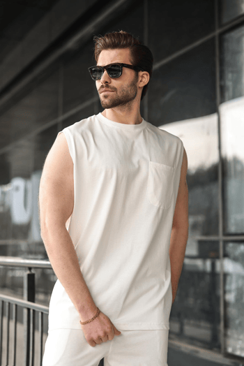 Ekru Bisiklet Yaka Kolsuz Erkek Şort T-shirt Takım E7351