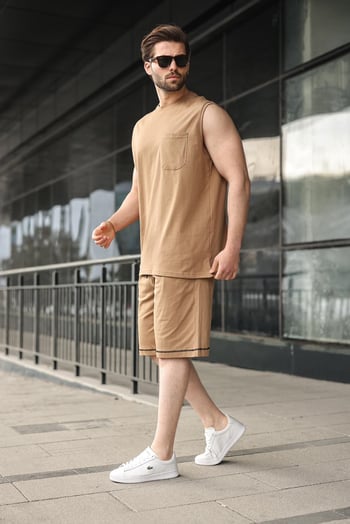 Kapuçino Bisiklet Yaka Kolsuz Erkek Şort T-shirt Takım E7351