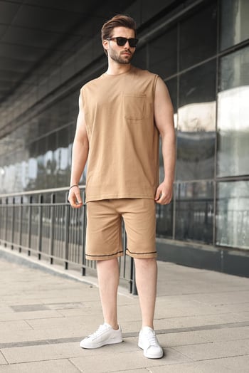 Kapuçino Bisiklet Yaka Kolsuz Erkek Şort T-shirt Takım E7351