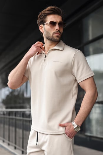 Bej Yarım Fermuarlı Polo Yaka T-shirt Şort Takım E7348