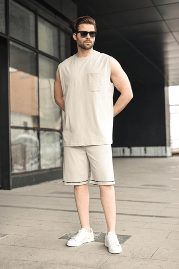 Boyalı Gri Bisiklet Yaka Kolsuz Erkek Şort T-shirt Takım E7351