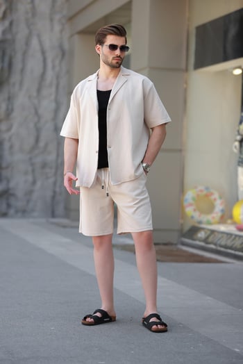 Bej Basic Erkek Şort Gömlek Takım E7311