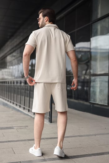 Bej Yarım Fermuarlı Polo Yaka T-shirt Şort Takım E7348