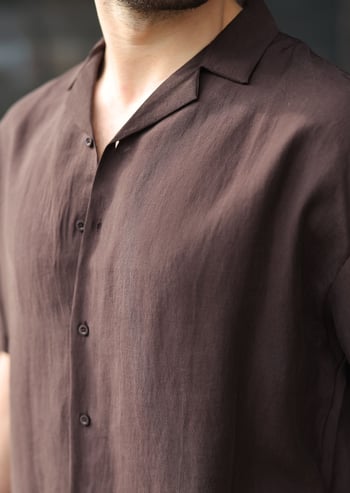 Kahverengi Tensel Kumaş Erkek Şort Gömlek Takım E7352