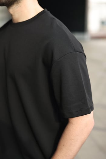 Siyah Bisiklet Yaka Oversize Erkek Şort T-shirt Takım E7355