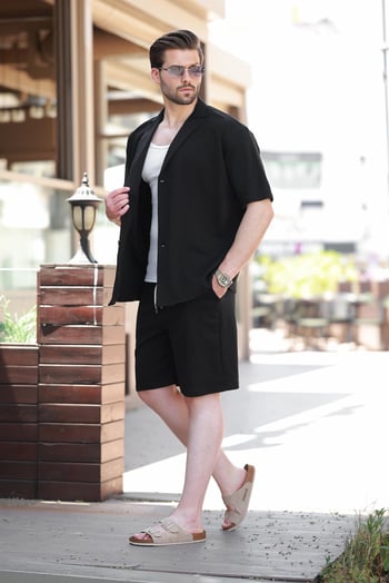 Siyah Basic Erkek Şort Gömlek Takım E7311