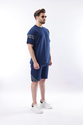Lacivert Şerit Detaylı Erkek Şort T-shirt Takım E7301