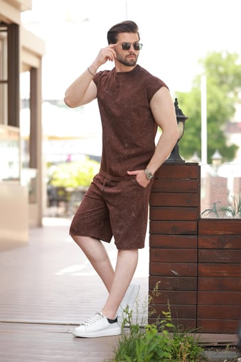 Acı Kahve Basic Erkek Yırtık Detaylı Şort T-shirt Takım E7319