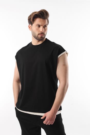 Siyah Sıfır Kol Erkek Şort T-shirt Takım E7308