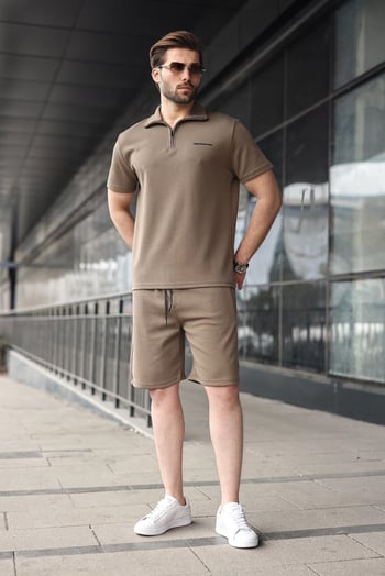 Haki Yarım Fermuarlı Polo Yaka T-shirt Şort Takım E7348