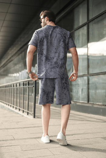 Lacivert Batik Desenli Overfit Şort T-shirt Takım E7357