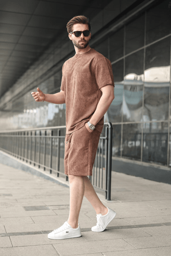 Kahverengi Batik Desenli Overfit Şort T-shirt Takım E7357