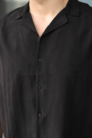 Siyah Tensel Kumaş Erkek Şort Gömlek Takım E7352