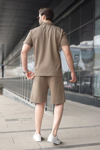 Haki Yarım Fermuarlı Polo Yaka T-shirt Şort Takım E7348
