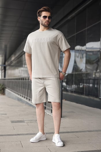 Boyalı Gri Erkek Şort T-shirt Takım E7347