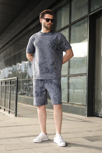 Lacivert Batik Desenli Overfit Şort T-shirt Takım E7357