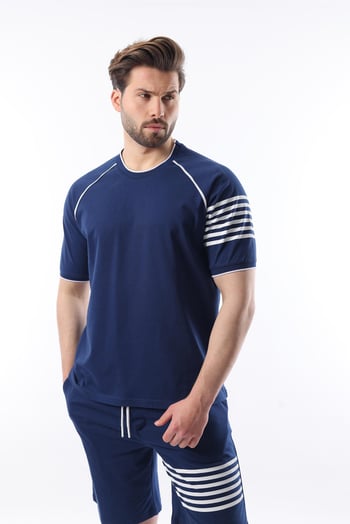 Lacivert Baskılı Reglan Kol Erkek Şort T-shirt Takımı E7306