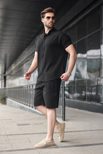 Siyah Erkek Şort Gömlek Takım E7350