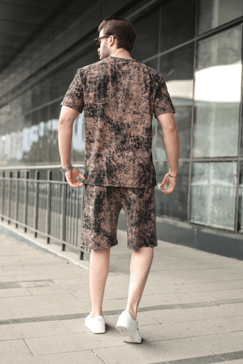 Siyah-Kahverengi Batik Desenli Overfit Şort T-shirt Takım E7357