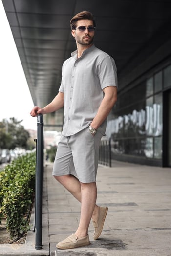 Boyalı Gri Erkek Şort Gömlek Takım E7350