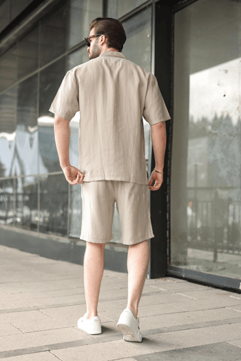 Taş Rengi Tensel Kumaş Erkek Şort Gömlek Takım E7352