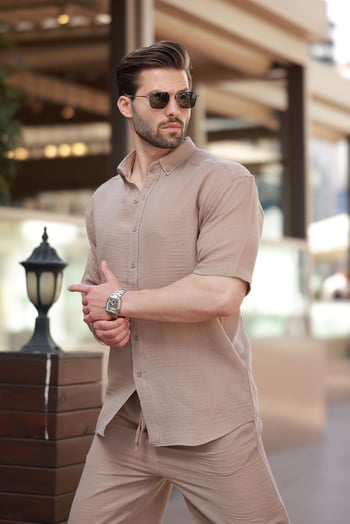 Camel Basic Erkek Şort Gömlek Takım E7321