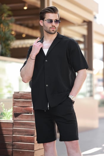 Siyah Basic Erkek Şort Gömlek Takım E7311