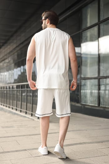 Ekru Bisiklet Yaka Kolsuz Erkek Şort T-shirt Takım E7351