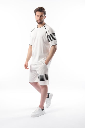 Ekru Baskılı Reglan Kol Erkek Şort T-shirt Takımı E7306