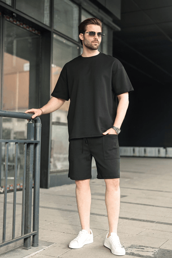 Siyah Bisiklet Yaka Oversize Erkek Şort T-shirt Takım E7355