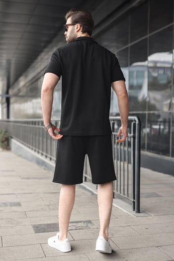 Siyah Yarım Fermuarlı Polo Yaka T-shirt Şort Takım E7348