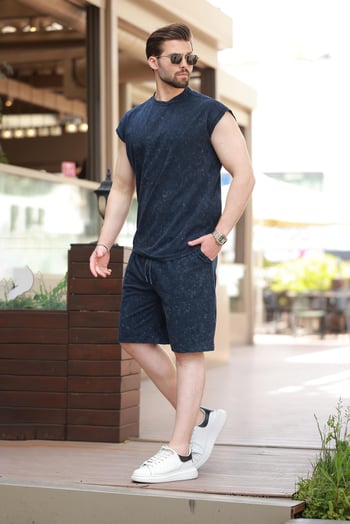 Lacivert  Basic Erkek Yırtık Detaylı Şort T-shirt Takım E7319